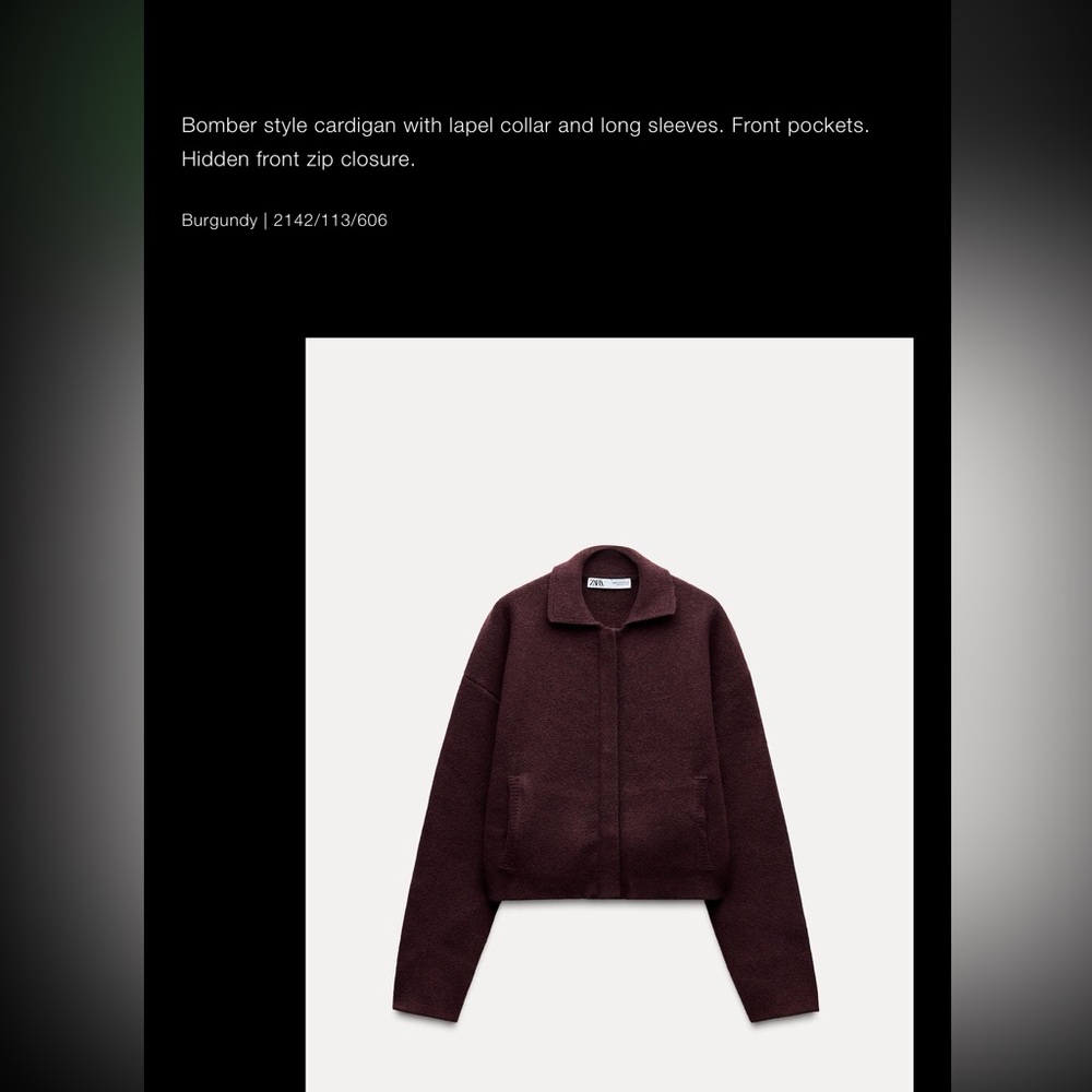 Zara plain knit bomber jacket in burgundy, size small.